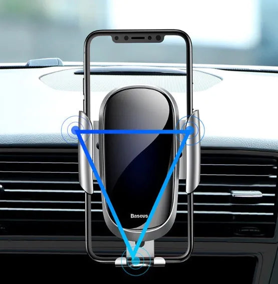 Universal smart car bracket holding smartphone with 360-degree rotation in black, blue or silvery colour