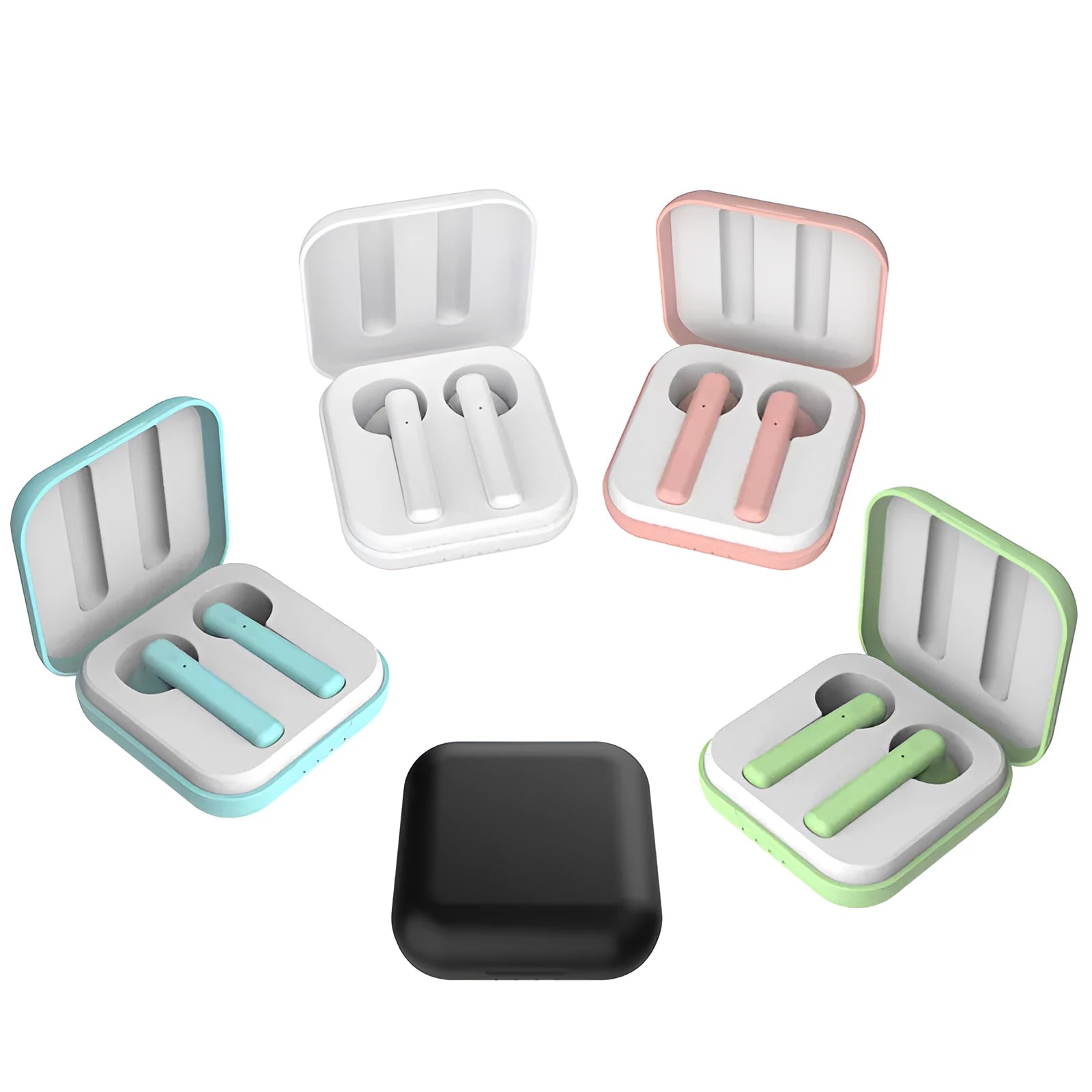 Macaron wireless sports headphones with charging bin in multiple colours including black and pink against white background