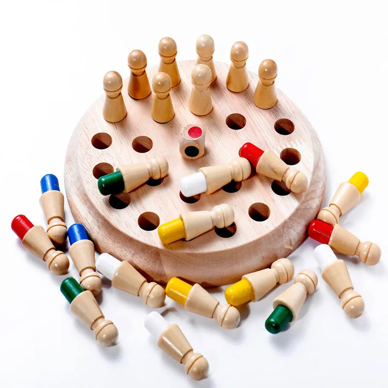 Wooden memory chess game for children with beech wood board and colour pieces for educational play