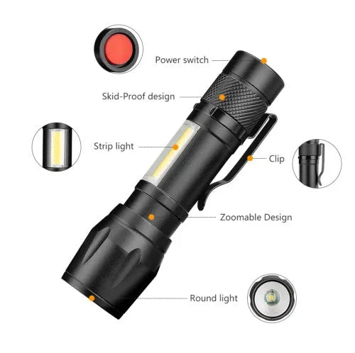 Small black aluminium telescopic LED flashlight with zoom adjustment and a pocket clip.