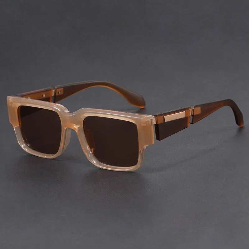 Square sunglasses with thick grey blue frames and UV-protective lenses