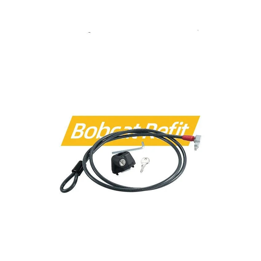 Plastic-sheathed steel cable lock for securing equipment to a roof platform without drilling.