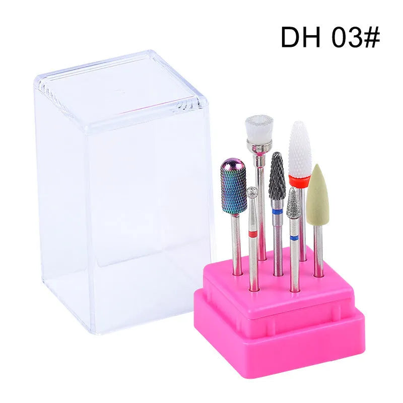 Tungsten steel nail drill bit set with six bits and a brush in a transparent case.