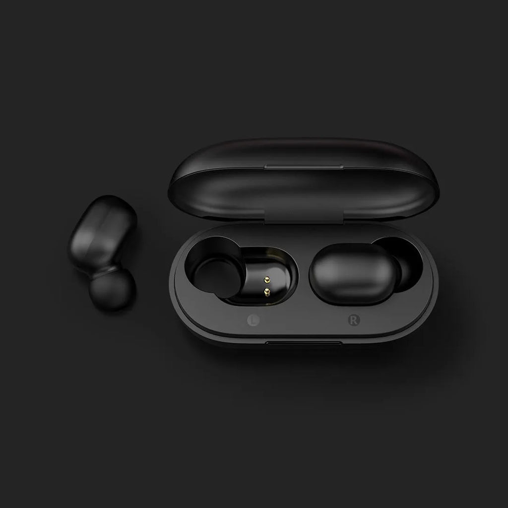Black true wireless Bluetooth earbuds with stereo sound and Bluetooth 5.0 connectivity