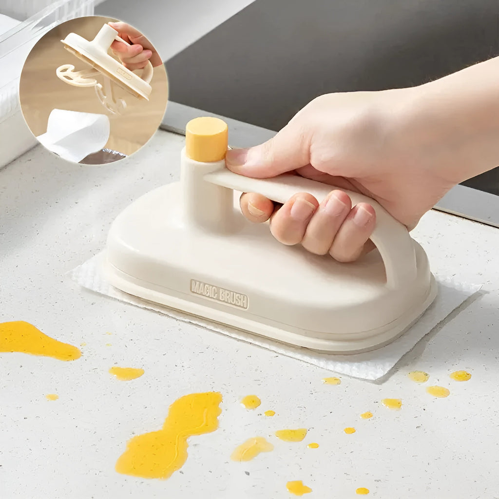 Magic Brush cleaning tool with plastic handle and stack of 50 white disposable non-woven fabric rags