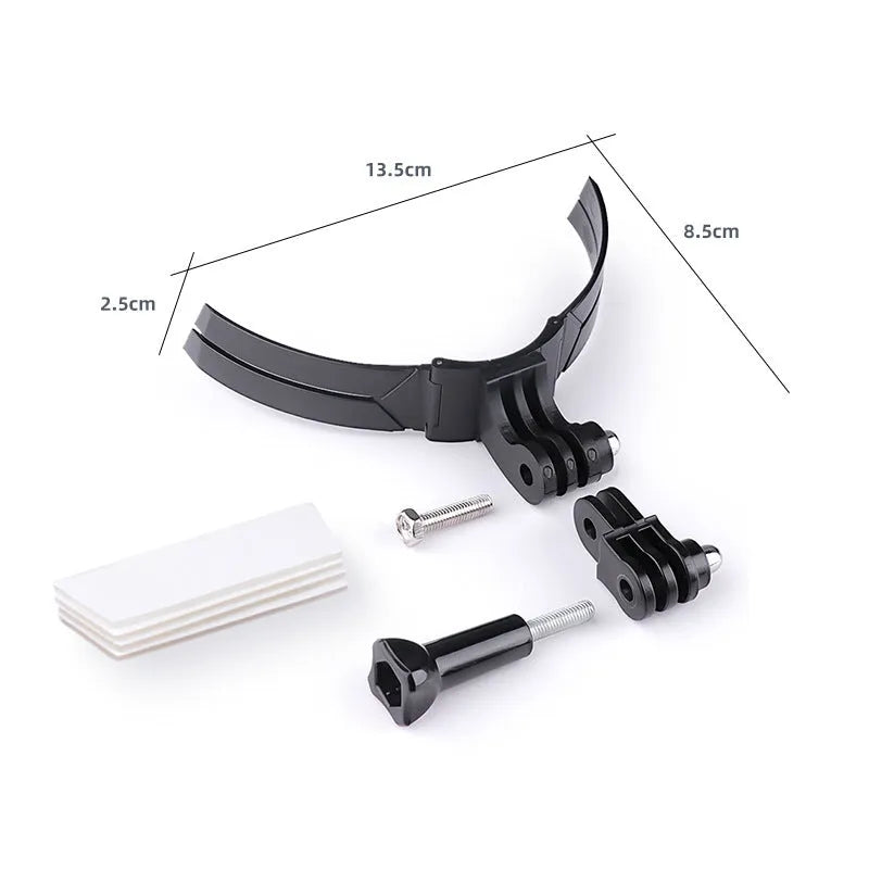 Motorcycle helmet chin camera bracket in black flexible PVC and ABS on a full-face helmet