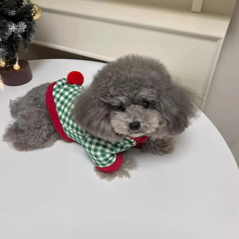 Plaid dog hoodie with snowman design in milk silk fabric, suitable for small breeds like Bichon Frise