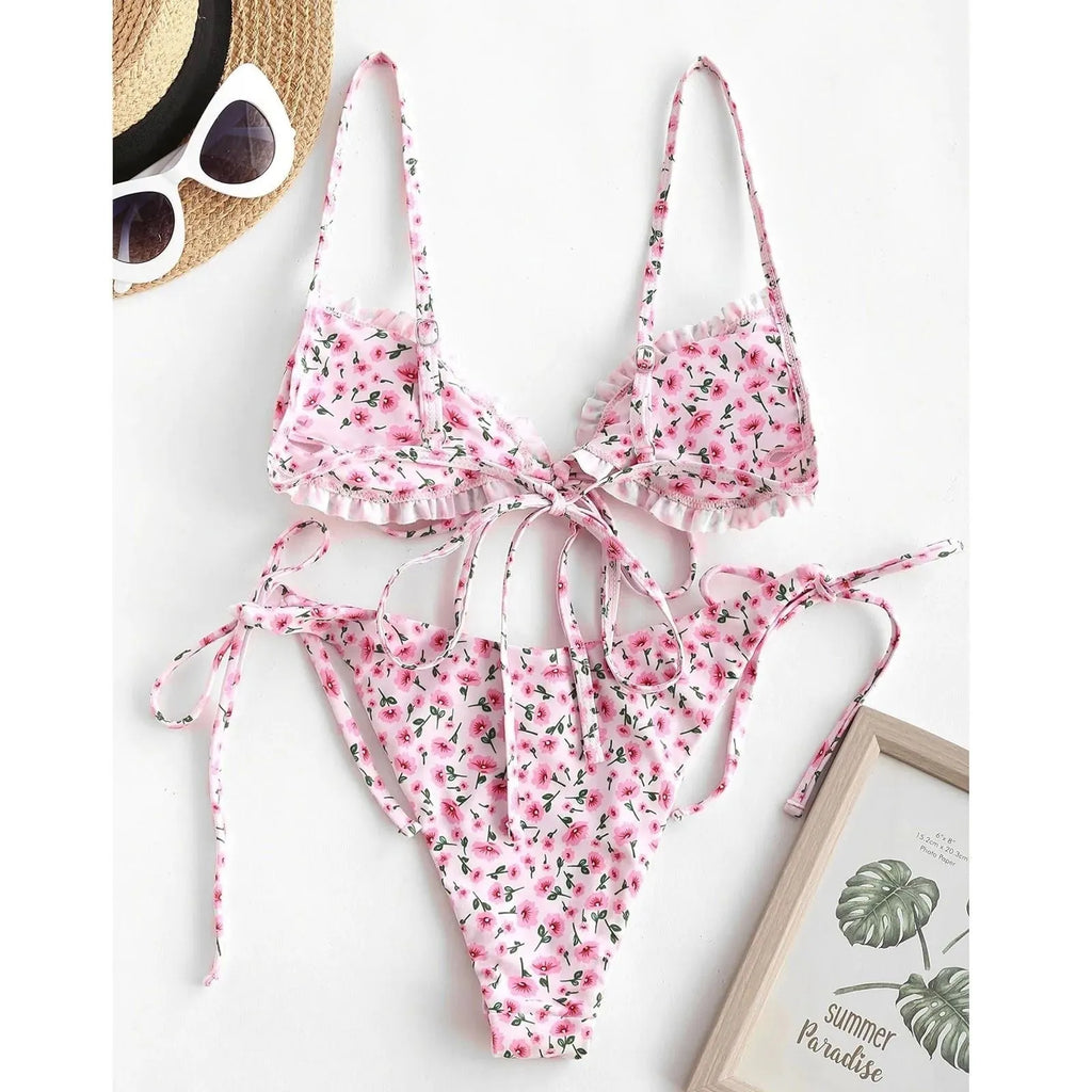 Blue printed women's swimsuit with multi-rope banded detailing and lapel collar
