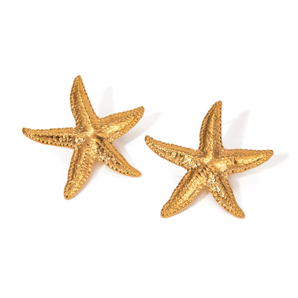 Gold starfish earrings with electroplated finish on stainless steel, animal zodiac design