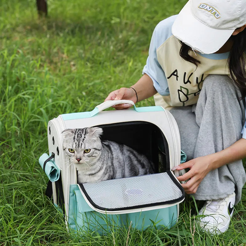 Portable breathable pet backpack in solid colour Oxford cloth with medium soft hardness for pet travel.