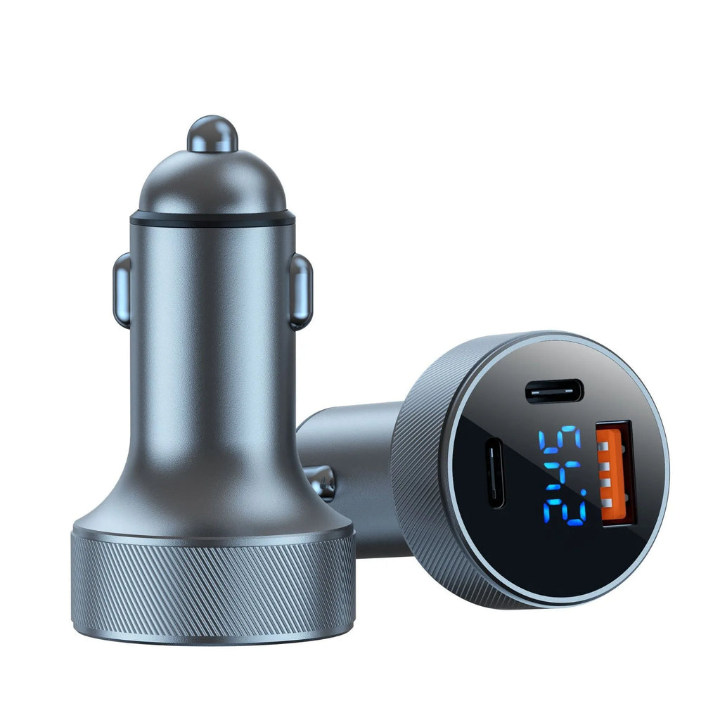 Aluminium alloy 54W car charger with digital display plugged into a vehicle cigarette lighter socket.