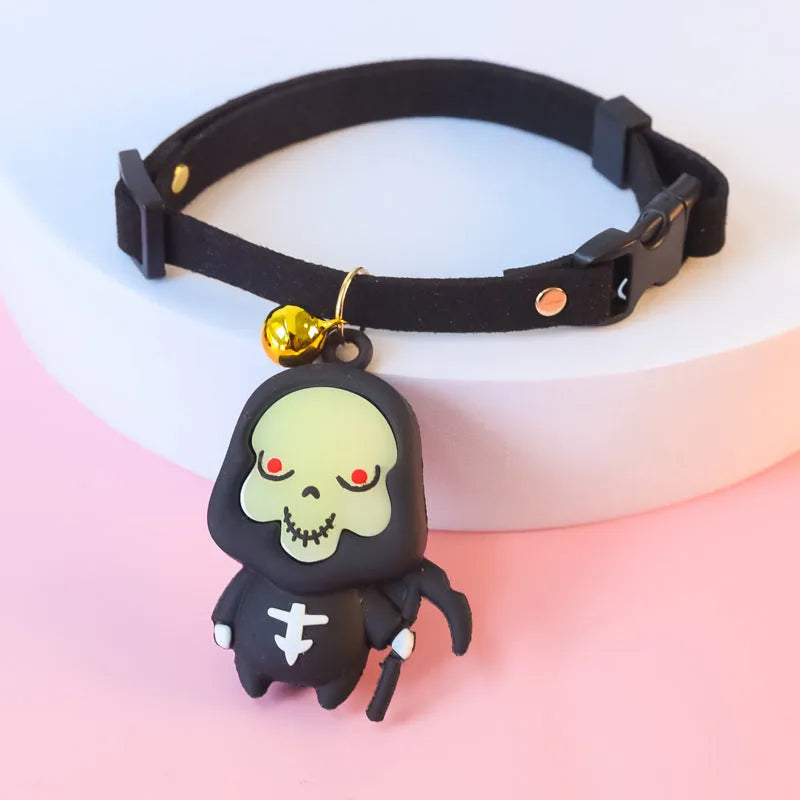 Halloween dog collar decoration in luminous Pumpkin Man design on adjustable polyester strap.