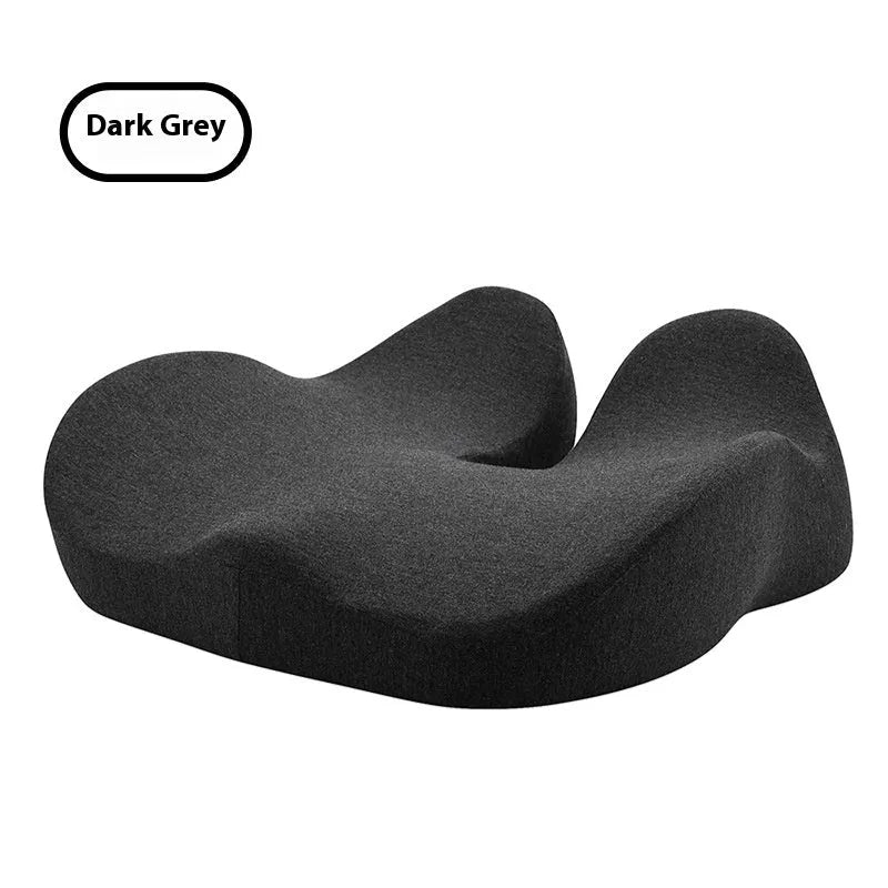 Light grey memory foam office chair cushion showing its 46x43 cm size and 12 cm thickness.