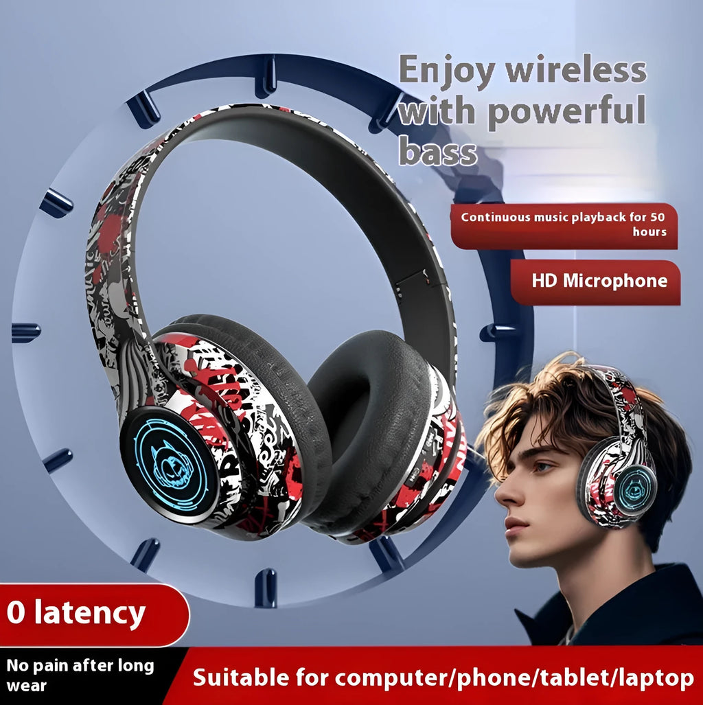 Folding Bluetooth gaming headset in black with graffiti design, featuring on-ear cushions and a breathing light