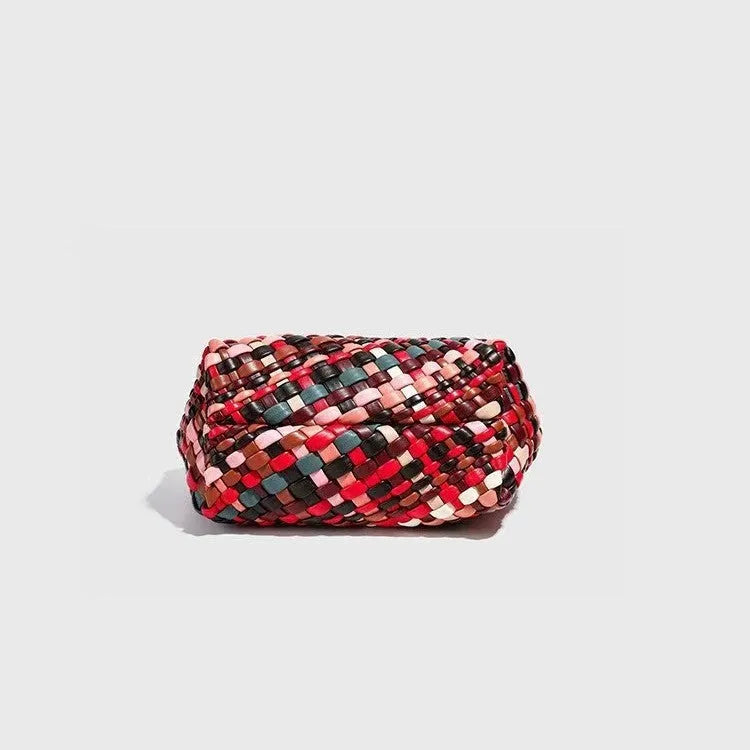 Colourful woven PU leather women's shoulder bag with handmade detailing