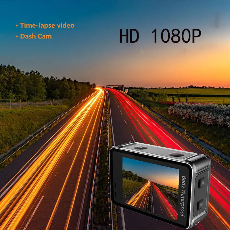 Black outdoor sports camera tachograph with 170° lens and compact 66mm x 44mm x 31mm dimensions