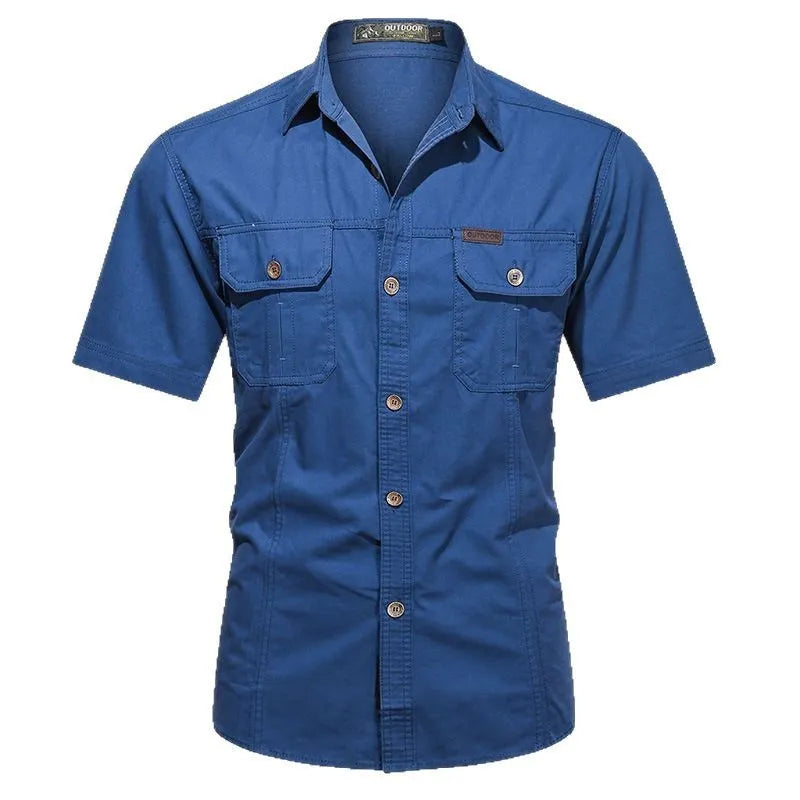 Men's short sleeve cotton work shirt in army green, showing loose fit and cardigan-style design.