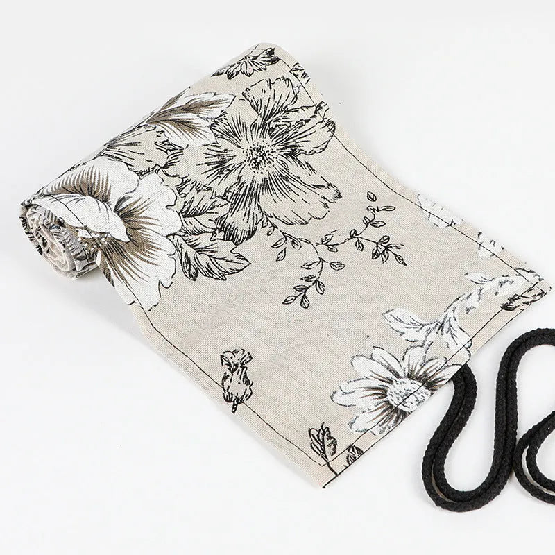 Black peony floral print pencil roll bag in cotton hemp canvas with 24 or 72 hole capacity options