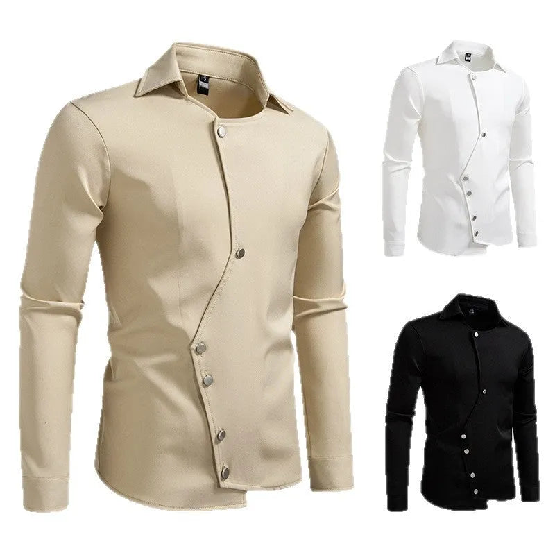 Men's long-sleeved polyester slim fit cardigan shirt in white, black, and khaki colours