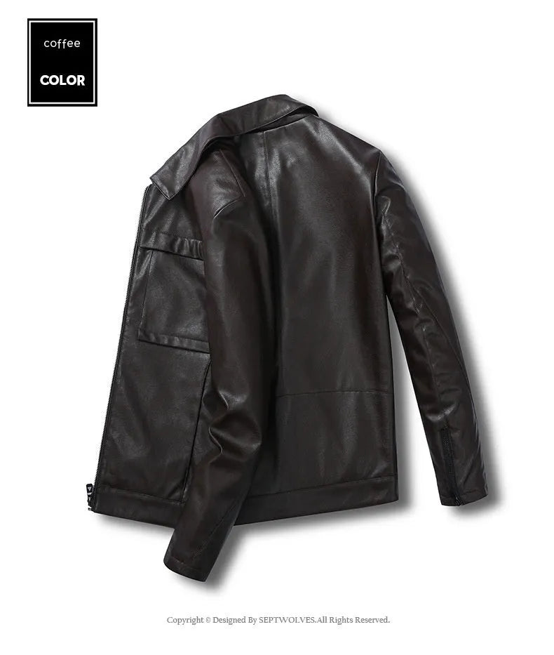 Men's slim lapel artificial leather jacket in black with side pockets and polyester lining