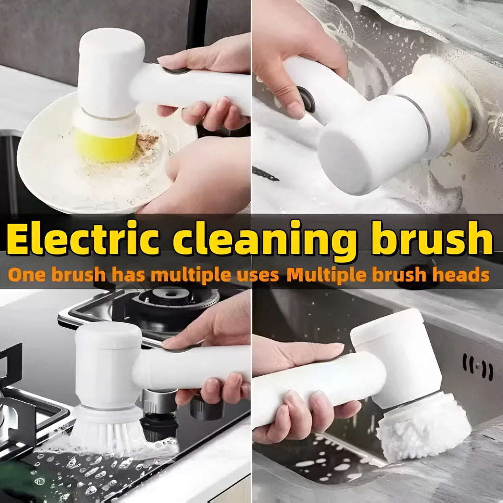 White rechargeable electric cleaning brush with three interchangeable nylon brush heads on a bathroom sink.