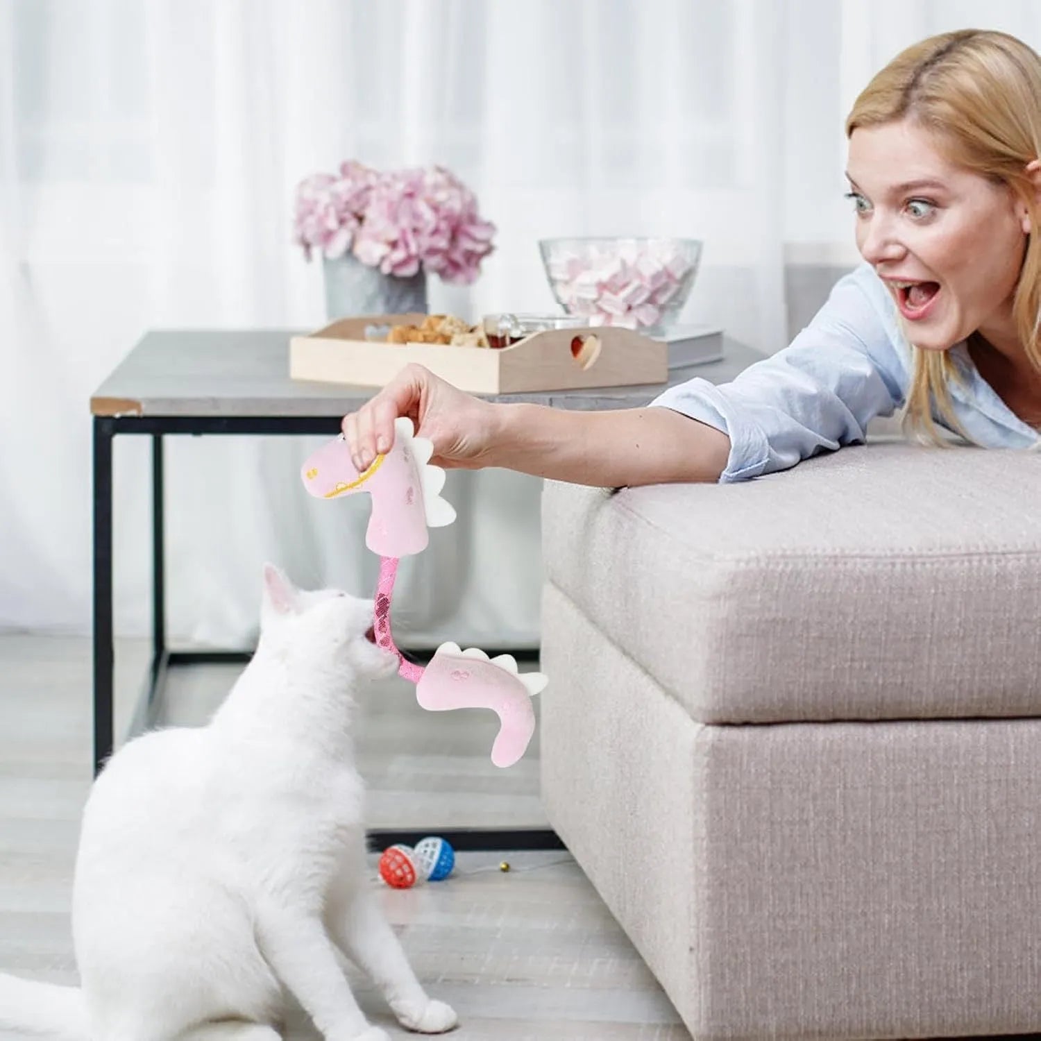 Four-piece interactive cat toy set with chew toys, catnip ropes, springs and kicker toys