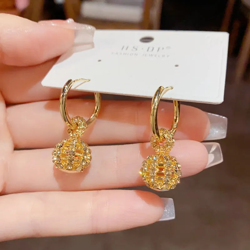 Coffee colour full diamond hollow ball ear clip with thick real gold plating on copper base