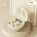 Wireless Bluetooth headset in black with digital display screen and in-ear earbuds on charging case
