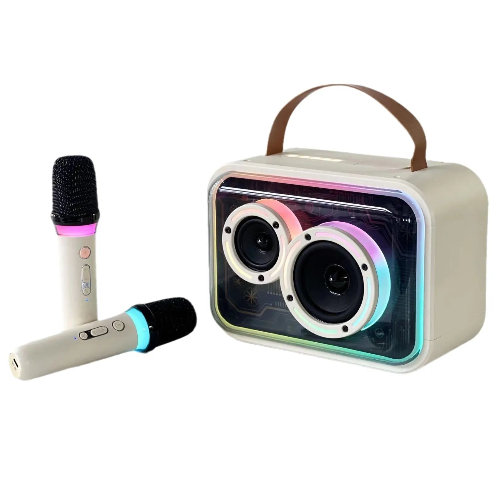 Portable Bluetooth karaoke speaker with colourful RGB lighting in light yellow colour