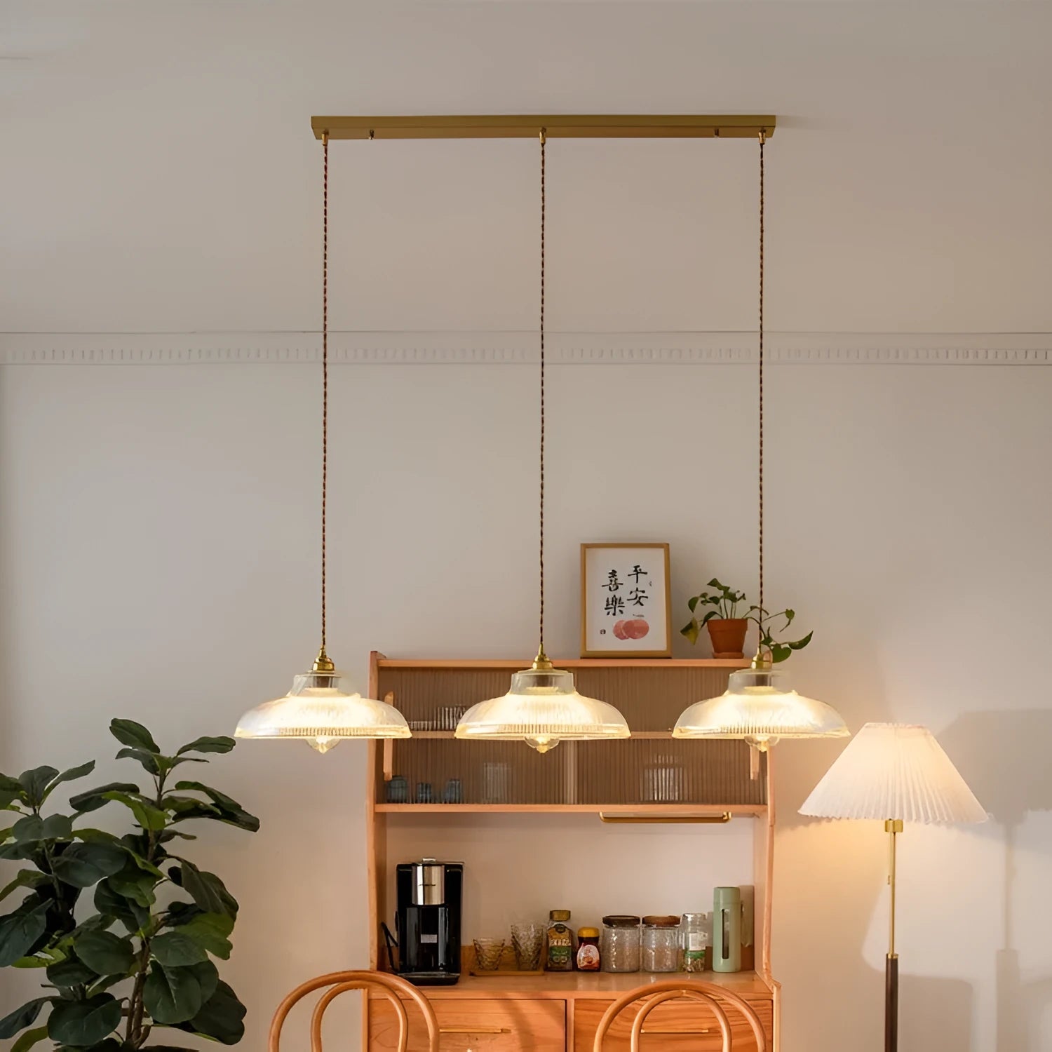 Japanese vintage brass glass fish chandelier with hot-bent lampshade in 31cm diameter