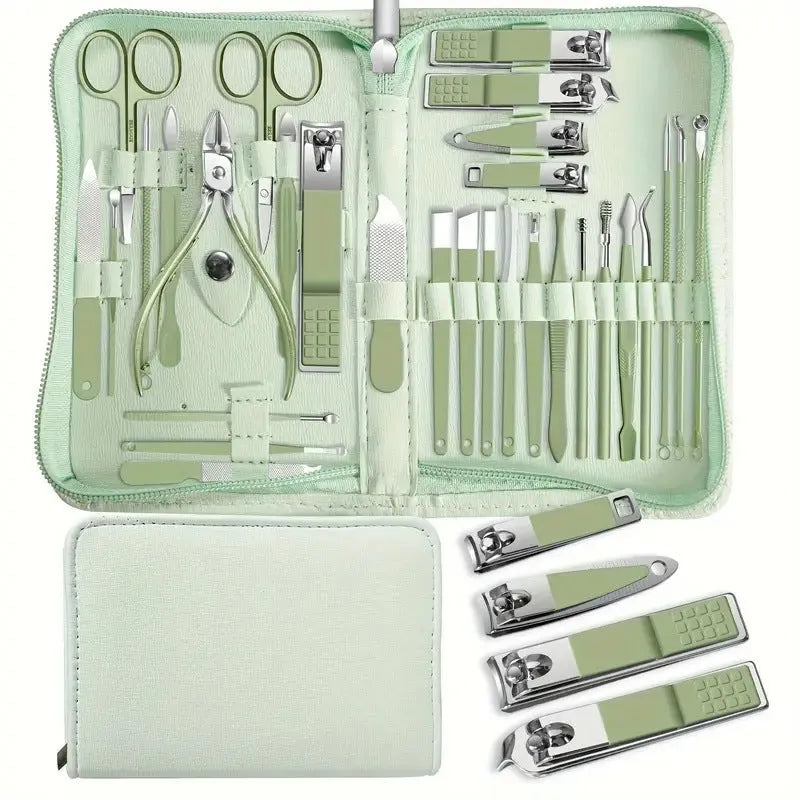 30-piece stainless steel nail beauty tool set in five colour options showing various manicure implements