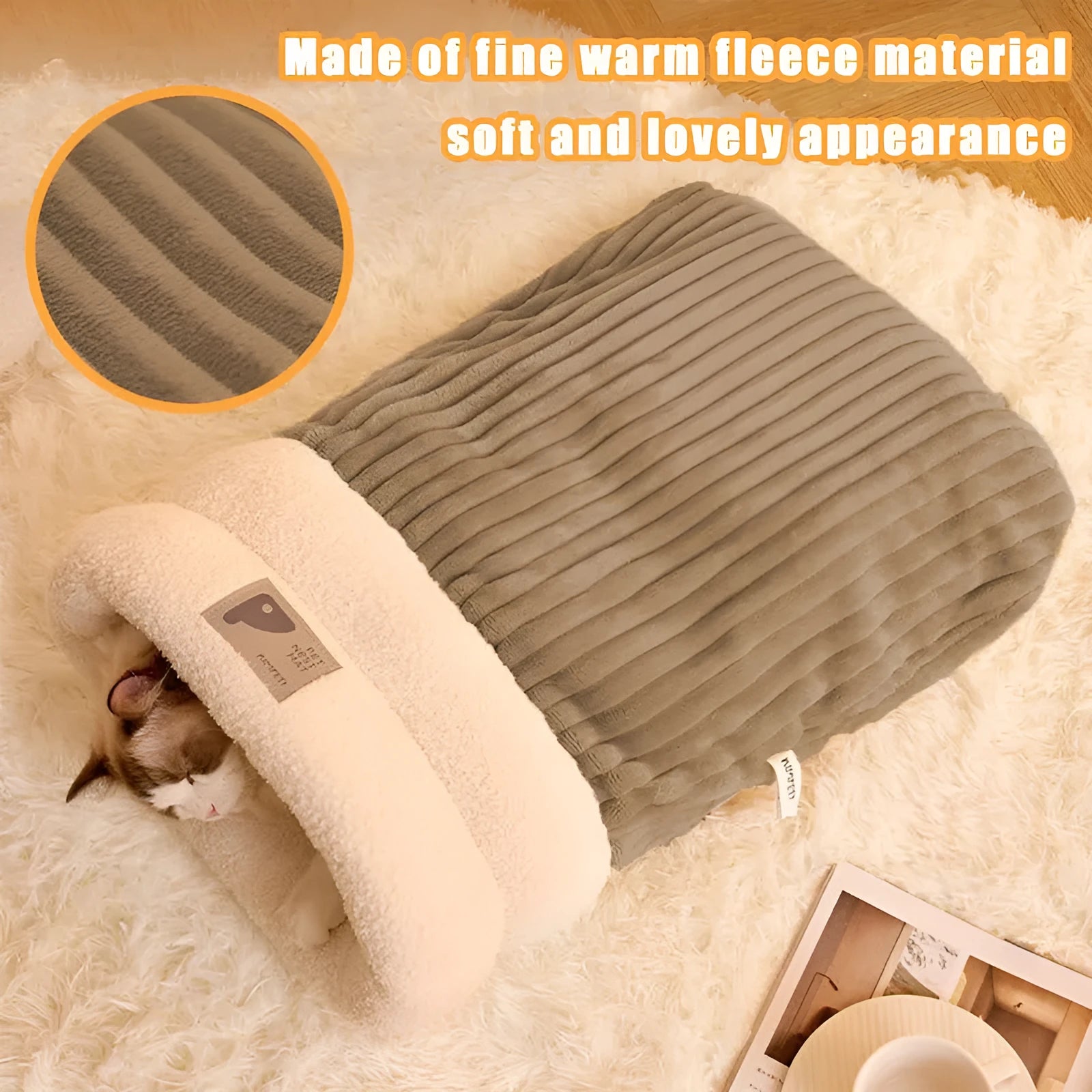 Brown grey or white L M size pet sleeping bag with semi-enclosed design and three-layer warm construction