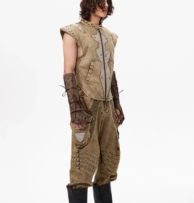 Pleated denim vest in refined Korean style with water washing finish