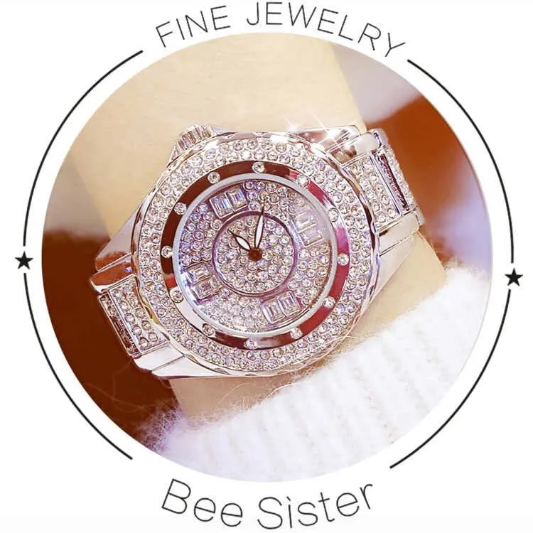 Ladies casual quartz watch with 32mm dial, 9mm alloy case, alloy strap, and folding buckle