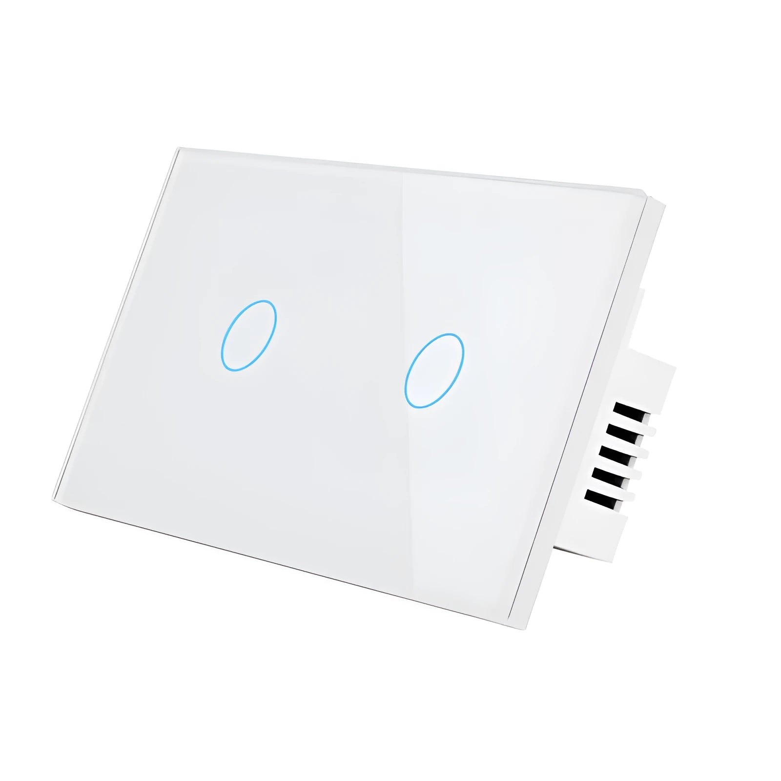 White 2-gang RF remote touch light switch with tempered glass panel and LED indicators