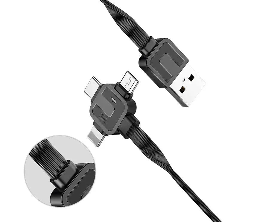 Black telescopic three-in-one fast charging data cable extended to 1 metre with split connector