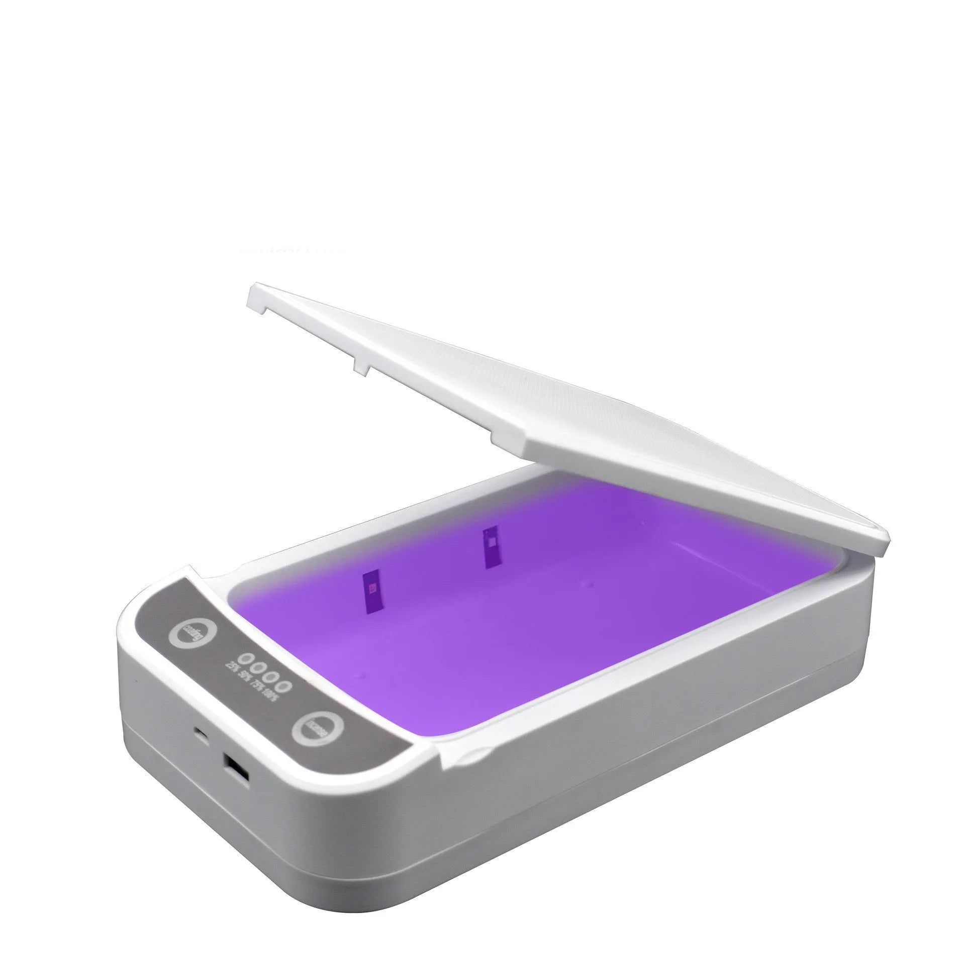 UV disinfection box for mobile phones with USB ports, showing internal compartment.