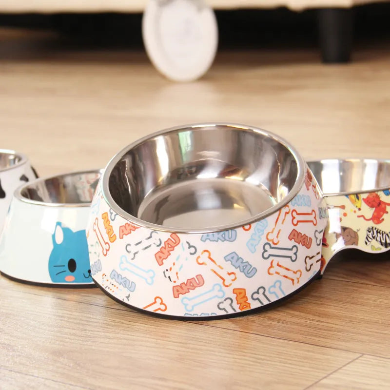 Food grade stainless steel pet dog bowl with detachable melamine shell, thickened construction, available in multiple colours and sizes