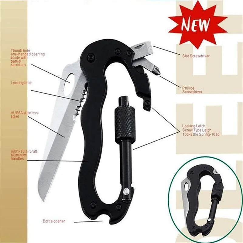 Black multifunctional carabiner folding tool with 420J2 blade, saw and screwdrivers on dark background