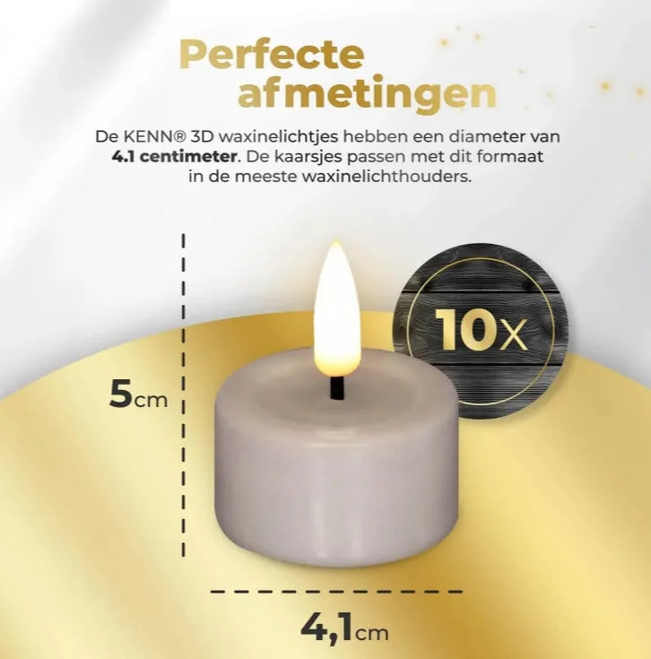 Taupe coloured S10 3D flame LED tealight candles showing realistic flickering flame effect