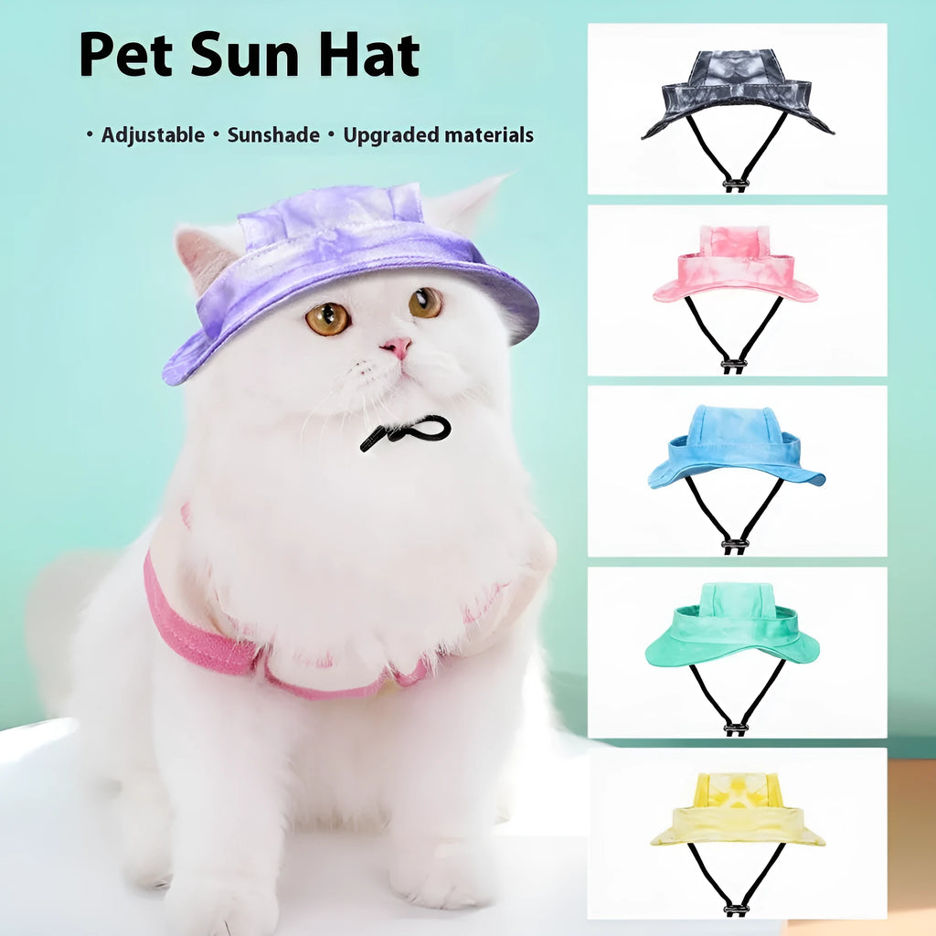 Tie dye polyester sun protection bucket hat with adjustable string clip for pets, shown in colour option