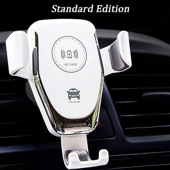 Black car wireless phone charger mounted on ventilation vent with iPhone securely clamped