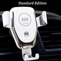 Black car wireless phone charger mounted on ventilation vent with iPhone securely clamped