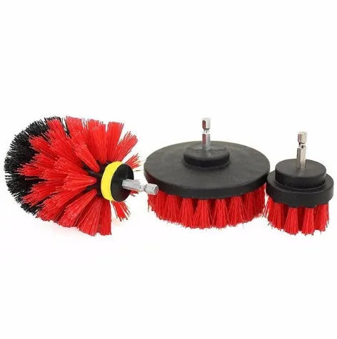 Three nylon drill brushes in different sizes for cleaning bathroom, tile and grout surfaces.