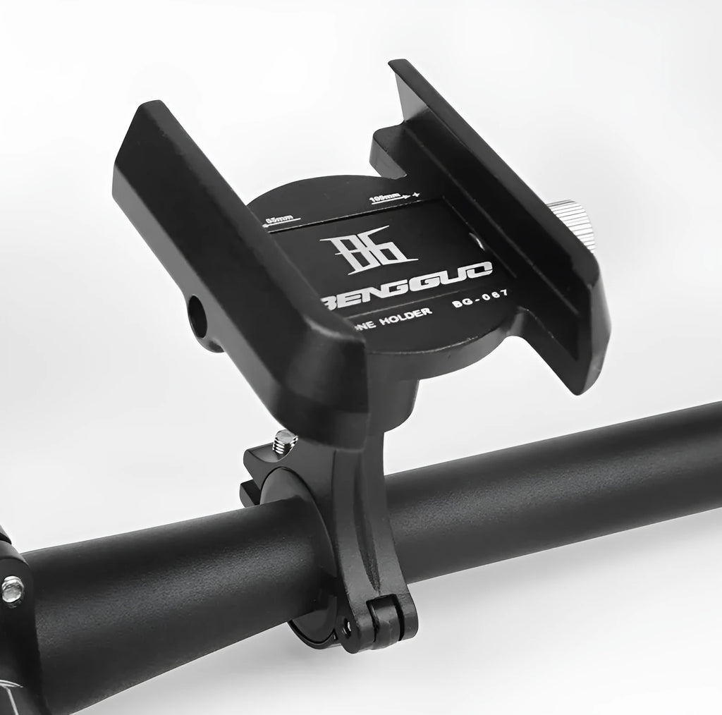 Aluminium bicycle phone holder mounted on handlebar holding mobile phone