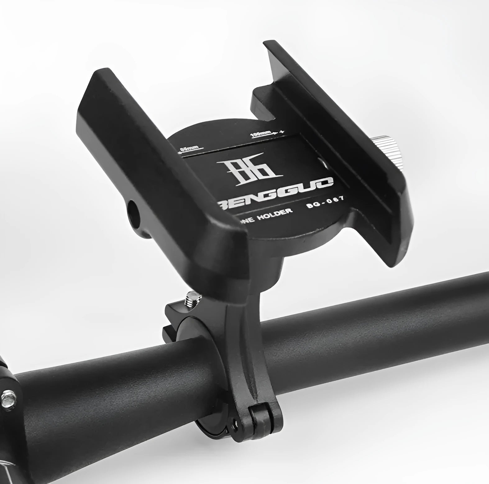 Aluminium bicycle phone holder mounted on handlebar holding mobile phone