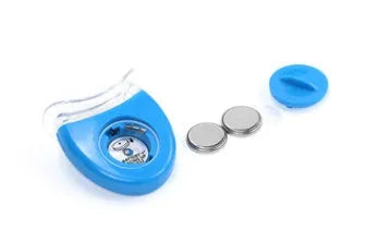 LED teeth whitening kit with wide edge tray and buckle denture system, available in blue, white, or red