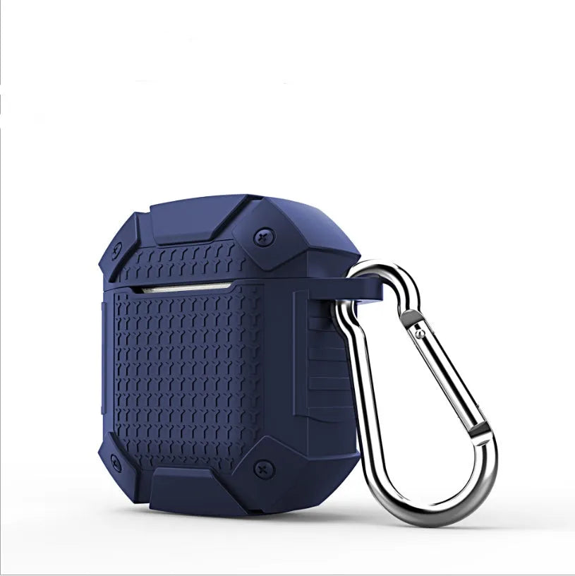 Silicone protective case for AirPods in black, red, blue, and royal blue colours.
