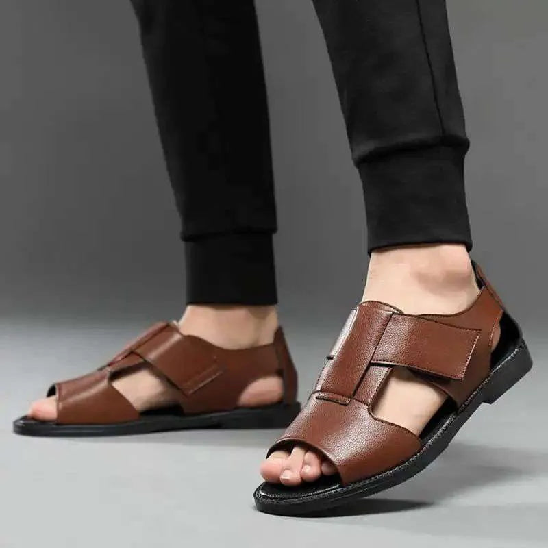 Men's black and brown leather casual sandals with open toe and rubber sole