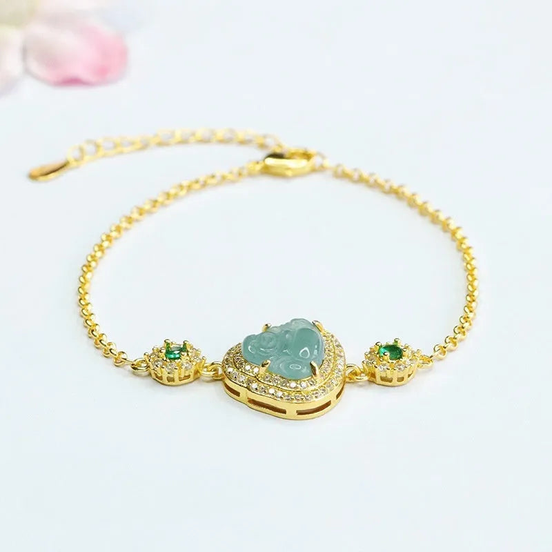 Emerald blue water Maitreya Buddha jade bracelet with 10x13mm beads for women